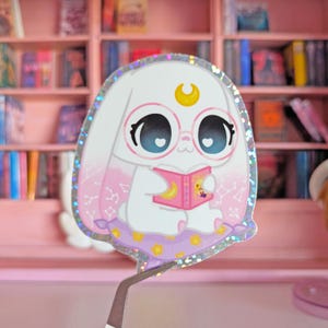 Maanconstellatie Konijn Sticker Konijn met boek, Kawaii Stationery Glitter Vinyl Sticker Galencaixe