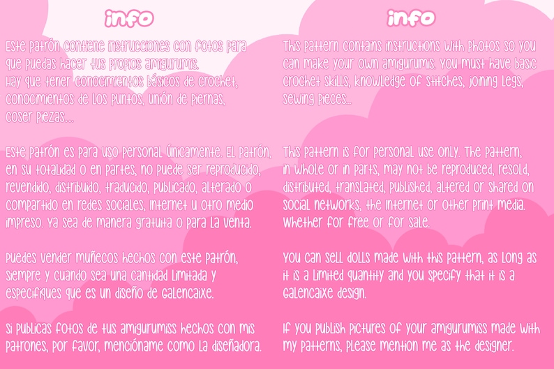 Op de afbeelding: Roze en witte tekst op een roze achtergrond met instructies voor het maken van amigurumi. De tekst bevat de woorden "info", "patroon", "instructies", "foto's", "amigurumi", "haken", "steken", "verbinden", "benen", "naaien", "alleen voor persoonlijk gebruik", "reproduceren", "doorverkopen", "distribueren", "vertalen", "publiceren", "wijzigen", "delen", "sociale netwerken", "internet", "gedrukte media", "gratis", "verkoop", "poppen verkopen", "beperkte hoeveelheid", "specificeren", "ontwerp", "foto's publiceren", "vermelden", "ontwerper".
