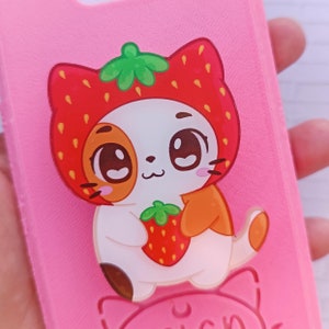 Phone Grip Strawberry Cat Cute Phone Holder, Aesthetic Phone Charm, Kawaii Phone Grip Galen.Draws