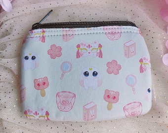 Zippered Pouch, Coin Purse Usagi Bunny Purse with sakura flowers and books Wallet