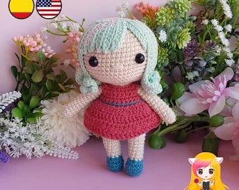 Pattern Amigurumi Basic doll PDF TUTORIAL - Crochet PATTERN doll chibi, Doll red dress