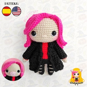 Amigurumi PATTERN crochet doll witch pattern pink hair nose pig wolf wizards college - PDF TUTORIAL in English and Spanish Galencaixe