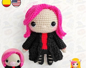Amigurumi PATTERN crochet doll witch pattern pink hair nose pig wolf wizards college - PDF TUTORIAL in English and Spanish Galencaixe
