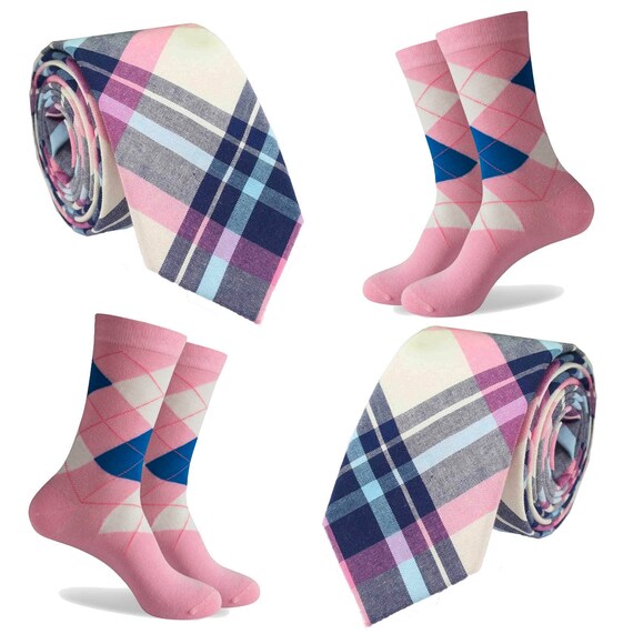 Matching Mens Socks & Tie Plaid Tartan Blue Pink Etsy