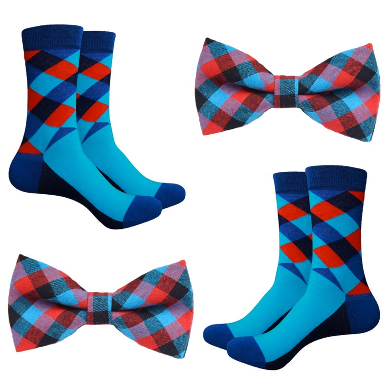 Matching Socks & Bow Tie / Aqua Blue Red Black Tie Gift Set / Etsy