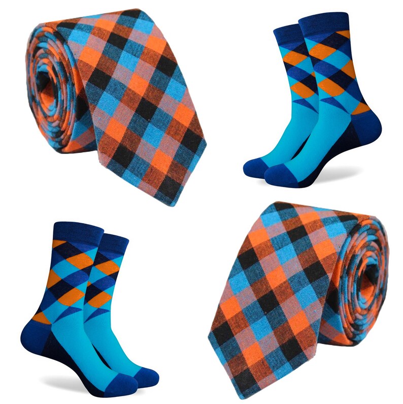 Matching Mens Socks & Tie Aqua Blue Orange Black Tie Set Etsy