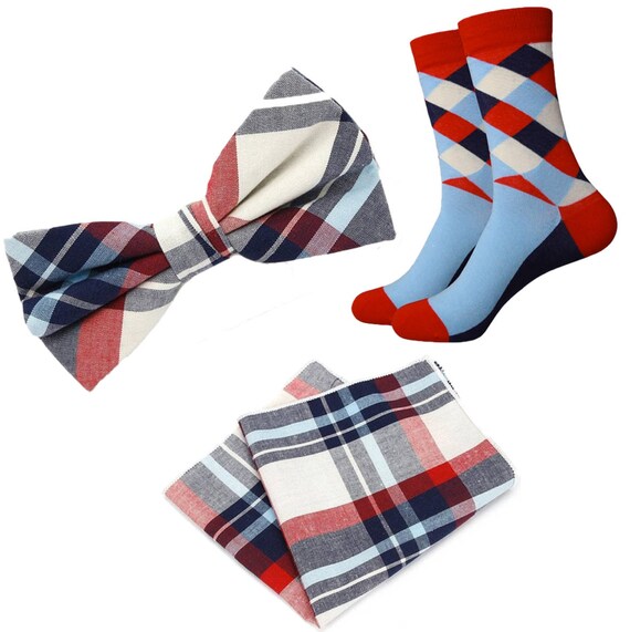 Matching Mens Socks u0026 Tie Set Bowtie Pocket Square Plaid - Etsy