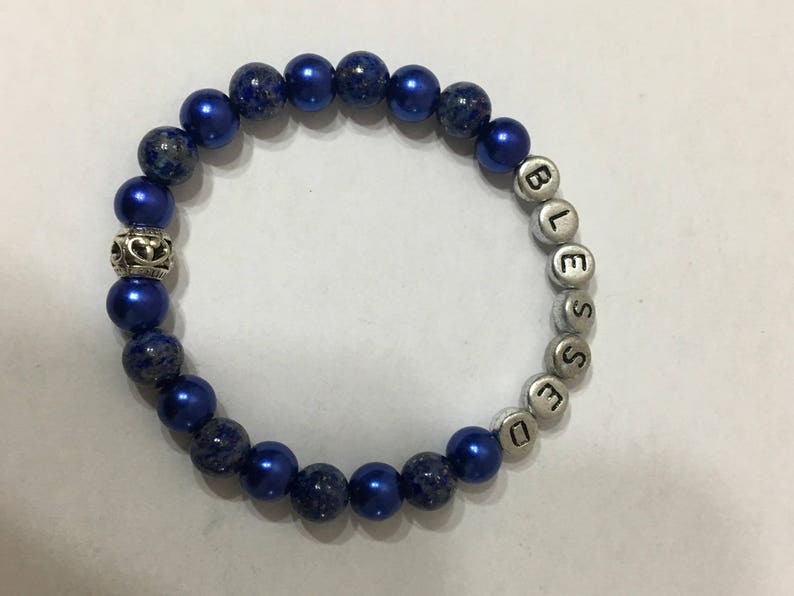 Beaded Lapis and Glass Pearl Word Bracelet