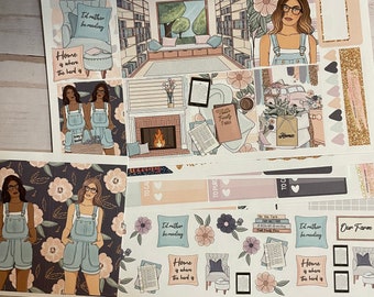 May include: A collection of planner stickers with a reading theme. The stickers feature illustrations of a library, women in overalls, floral designs, and text that reads "I'd rather be reading" and "Home is where the herd is."