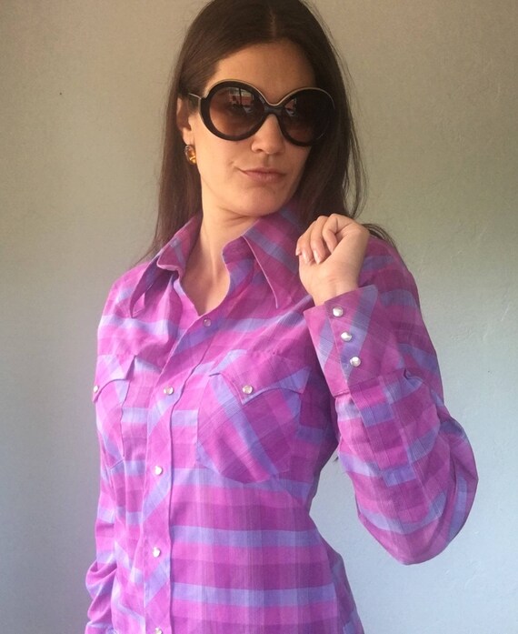 Vintage 70s Purple Plaid Western Shirt Size Small - image 1