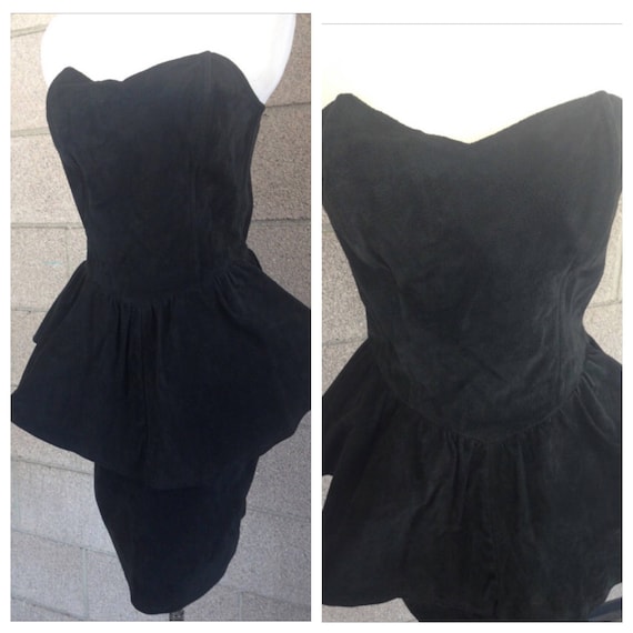 Vintage 80s Black Suede Strapless Peplum Dress