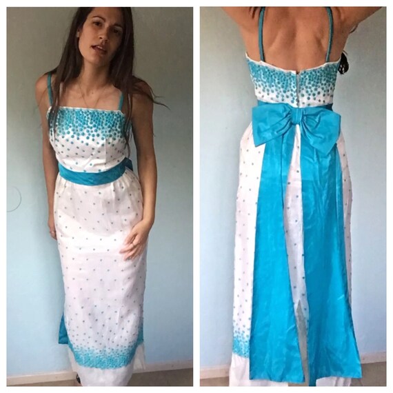 Vintage Embroidered Turquoise Dot Long Formal Gown - image 7