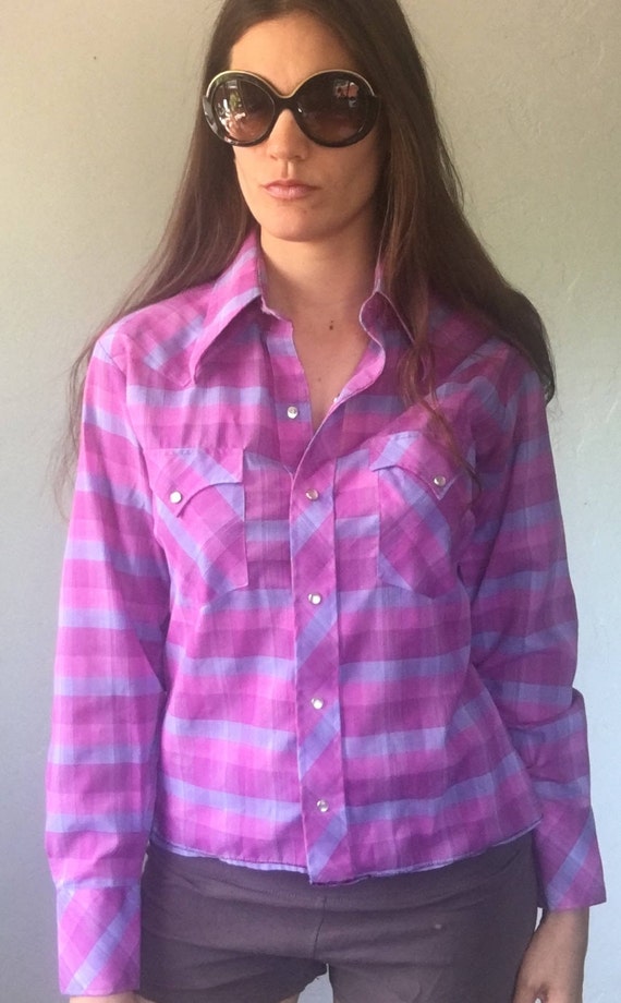 Vintage 70s Purple Plaid Western Shirt Size Small - image 2