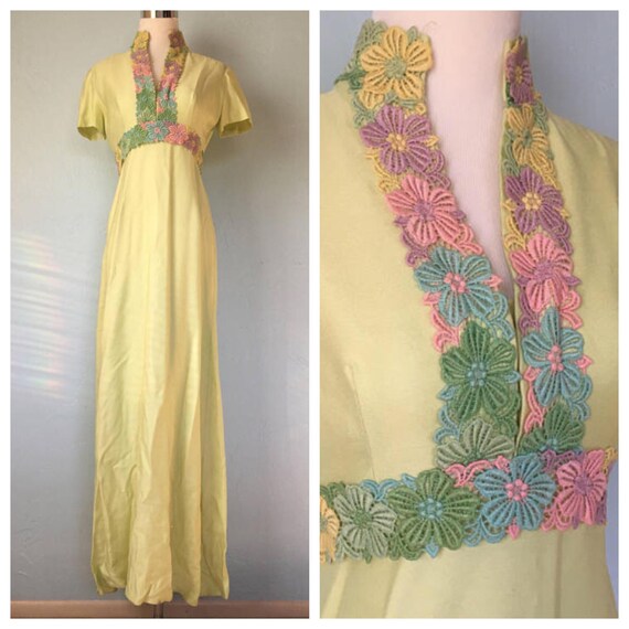 Vintage 1960s Green Pastel Flower Trim Maxi Dress