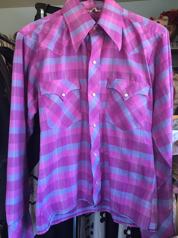 Vintage 70s Purple Plaid Western Shirt Size Small - image 5