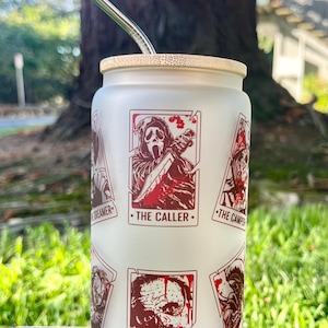 Horror Tarot Cards frosted glass tumbler with bamboo lid and straw
