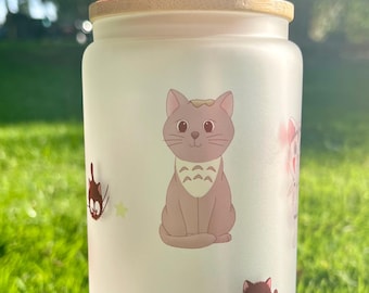 Bicchiere in vetro smerigliato con coperchio in bambù e cannuccia Studio Ghibli Cats