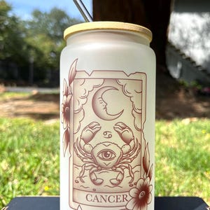 Vaso de vidrio esmerilado con tapa multifuncional y pajita, carta del Tarot del Zodíaco Cáncer