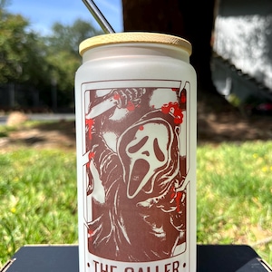 Vaso de vidrio esmerilado Ghost Face con tapa de bambú y pajita
