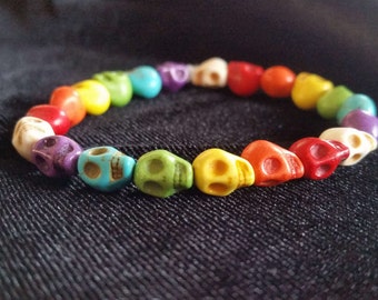 Rainbow Pride Stone Skull Beaded Stretch Bracelet, style S5