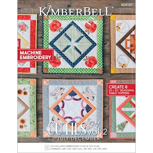 May include: A set of six 22-inch by 22-inch seasonal table toppers for machine embroidery. The designs include apples, sunflowers, and a Christmas tree. The embroidery files are available in multiple formats, including ART, DST, EXP, HUS, JEF, PES, VIP, VP3, and XXX.