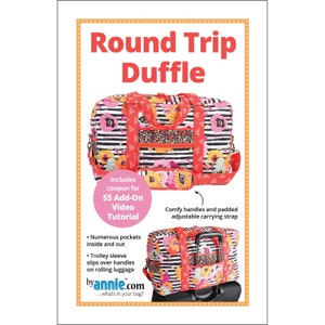 May include: A sewing pattern for a round trip duffel bag made with a black and white striped fabric with red and pink floral accents. The pattern includes a coupon for a £5 add-on video tutorial. The bag has numerous pockets, a trolley sleeve, and comfy handles with a padded adjustable carrying strap.