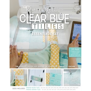 May include: A product packaging for a quilting kit called "Clear Blue Tiles Essentials Set" by Kimberbell. The packaging shows a close-up of a home embroidery machine with a quilt being stitched. The image also shows a variety of quilt blocks and border tiles in different sizes. The text "372 Files!" is visible on the packaging.
