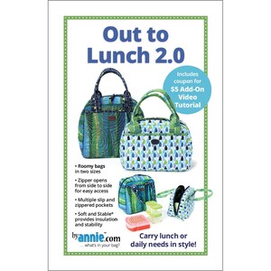 May include: A sewing pattern for a lunch bag with the title "Out to Lunch 2.0". The pattern includes two sizes of bags with different fabric designs. The bags have a zipper closure and multiple pockets. The pattern also includes a coupon for a video tutorial.