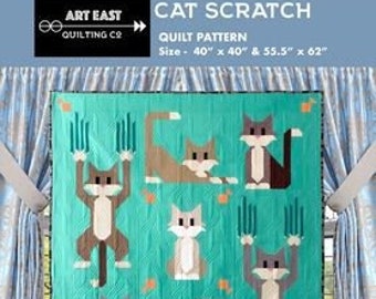 May include: A teal blue quilt pattern featuring a geometric design of cats with their claws out. The pattern is called "Cat Scratch" and is available in two sizes: 40" x 40" and 55.5" x 62".