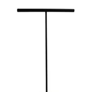 May include: A black metal jewelry display stand with a horizontal bar and a vertical support, mounted on a square wooden base. The stand is designed to showcase necklaces or other accessories. The wood base has a natural finish.
