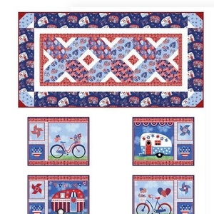 May include: A set of four red, white, and blue fabric squares with a patriotic theme. Each square features a different design, including a bicycle, a camper, and a tent. The squares are perfect for quilting, scrapbooking, or other craft projects.