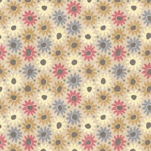 Puede incluir: Un patrón sin costuras que presenta una variedad de formas de flores estilizadas en tonos de rojo, amarillo, azul y marrón sobre un fondo beige.