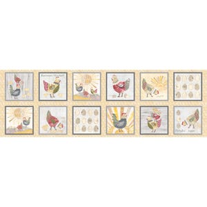 May include: A yellow fabric panel with a repeating pattern of chickens, eggs, and the words "Farmer's Market" and "Fresh Eggs".