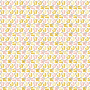 May include: A seamless pattern featuring a repeating design of small, stylised flowers in shades of pink, yellow, and grey on a white background.