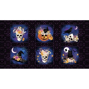 May include: Halloween-themed fabric panel featuring six square designs. Each square showcases a skull, pumpkin, witch's hat, or black cat, adorned with flowers and set against a dark blue background. The panel has a dark purple patterned border.