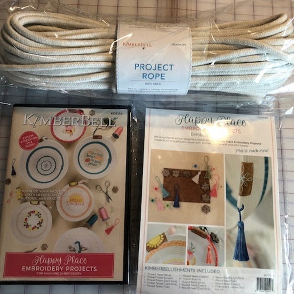 BUNDLE - Happy Place Embroidery Rope Projects by Kimberbell Designs - Machine Embroidery CD, Embellishment Kit, and Project Rope