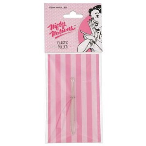 May include: A silver elastic band puller with a pink and white striped background. The packaging features the text "Nifty Notions" and "Elastic Puller".