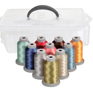 May include: A clear plastic storage box with a handle, containing 10 spools of colorful embroidery thread. The spools are arranged in two rows of five, with the colors ranging from light blue to orange.
