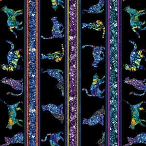 May include: A black fabric featuring a repeating pattern of colorful cat silhouettes. The cats are filled with stained glass-like designs in shades of blue, green, and yellow. Vertical stripes in blue, purple, and orange separate the cat motifs.