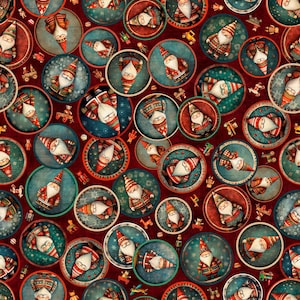 May include: A repeating pattern of circular illustrations featuring Santa Claus figures in various poses. The Santas are depicted with white beards, red hats and coats, and are set against a teal and red background. Small wooden toy illustrations are also present.