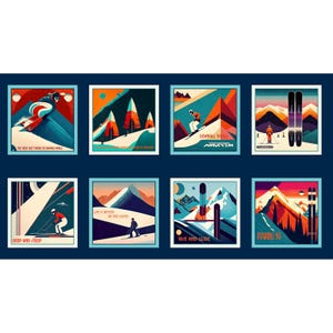 May include: A collection of eight square art prints featuring stylized skiing scenes. Each print showcases skiers, mountains, and text like "Deep and Steep" and "Downhill Thrills." The color palette includes blues, oranges, and reds, creating a retro aesthetic.