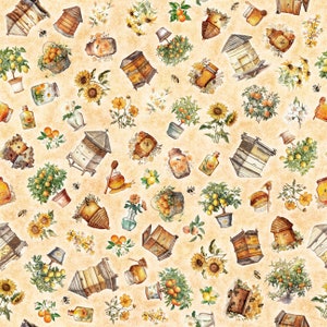Bee Hive & Plant Toss - Queen Bee by Dan Morris for QT Fabrics - 30485 A Light Tan - 1/2 yard