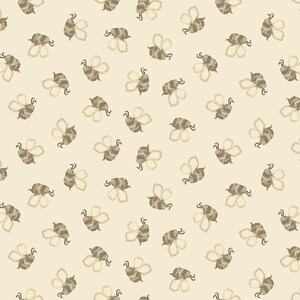 May include: A seamless pattern featuring a repeating design of beige bees with brown accents on a light beige background.