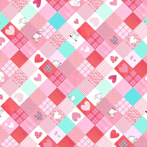May include: A pink and red patchwork quilt pattern with hearts, flowers, and small animal illustrations. The quilt is made of squares of different fabrics and colors.