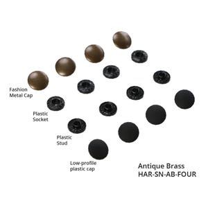 May include: An assortment of antique brass snap fasteners. The components include fashion metal caps, plastic sockets, plastic studs, and low-profile plastic caps. The text "Antique Brass" and "HAR-SN-AB-FOUR" are also visible.