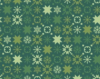 May include: A repeating pattern with a winter theme, featuring green stars, snowflakes, and geometric shapes. The design uses different shades of green, creating a festive and seasonal look. Ideal for fabric, wallpaper, or digital backgrounds.