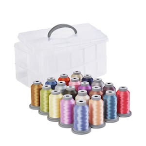 May include: A clear plastic storage case with a handle, containing 20 spools of colorful thread. The spools are arranged in rows and are all the same size.