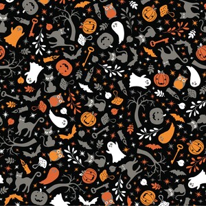 May include: A black and white seamless pattern featuring Halloween icons such as ghosts, bats, owls, pumpkins, stars, keys, and cats. The pattern is perfect for creating spooky and festive designs.
