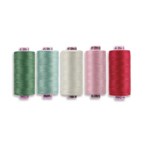 May include: Five spools of thread in a row, each a different color: green, teal, off-white, pink, and red. Each spool has a label with the brand name "Efina" and other text. The thread is tightly wound on the spools.