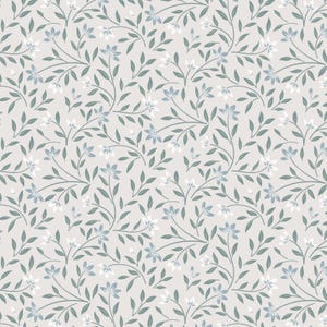 May include: A seamless pattern featuring delicate white and blue flowers with green leaves on a light gray background.
